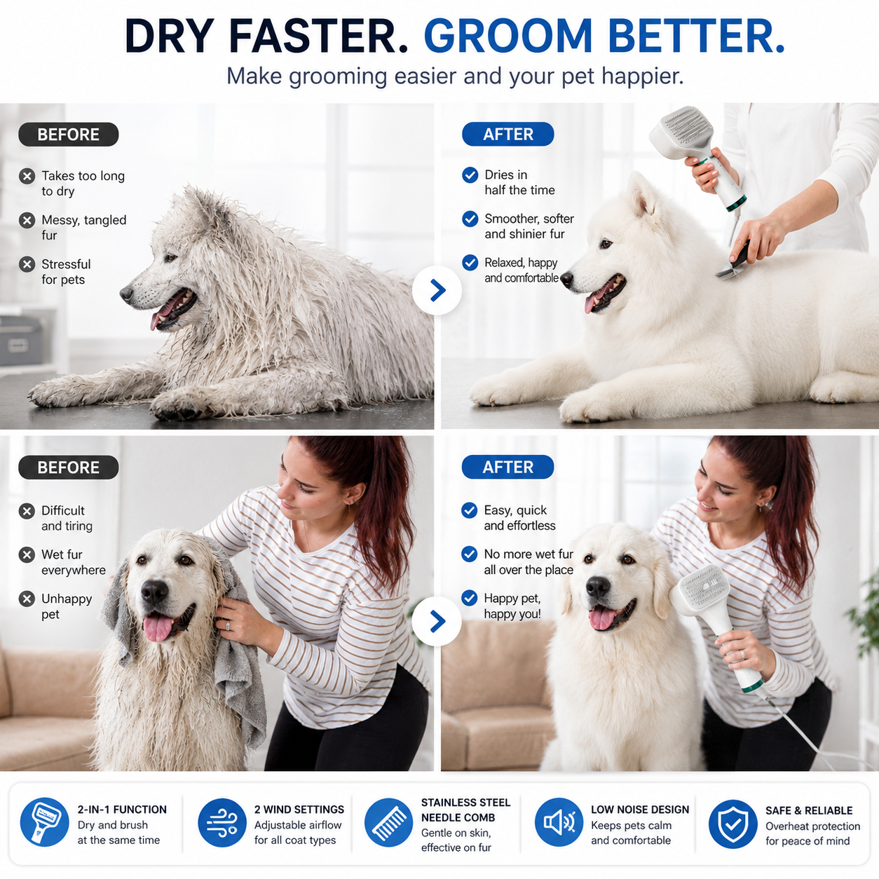 2-in-1 Pet Dryer Brush – Groom & Dry in One Go